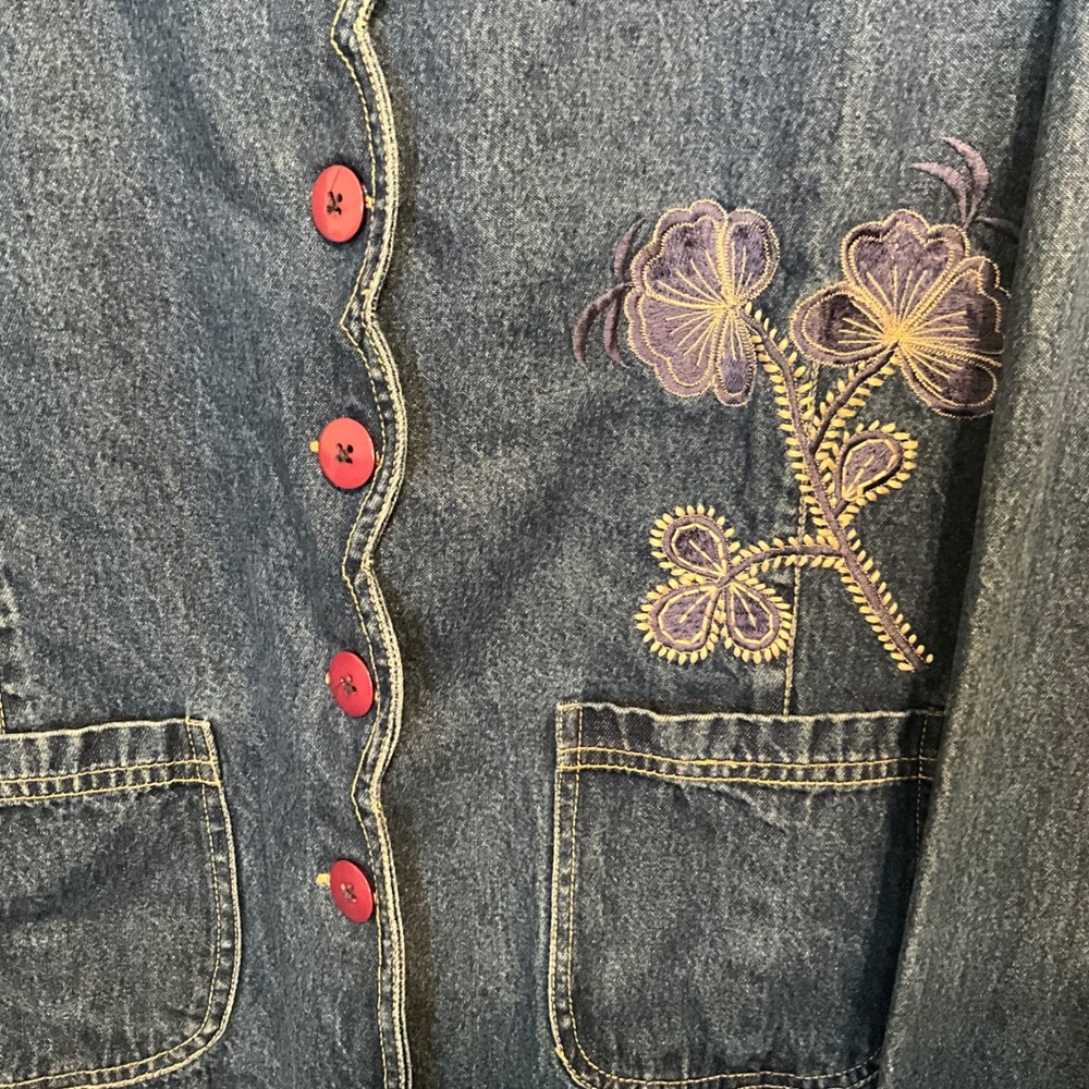Keren Hart Denim Jacket Women's XL Blue Floral Embroidered Button Front - Picture 2 of 9